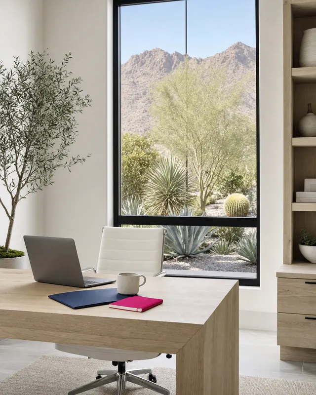 Bright home office with a laptop, a pink notebook and a window onto desert plants and mountains