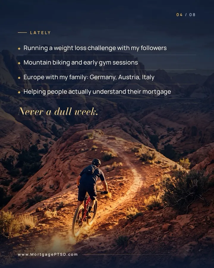 Lately: a weight loss challenge with followers, mountain biking, Europe with family, and helping people understand their mortgage